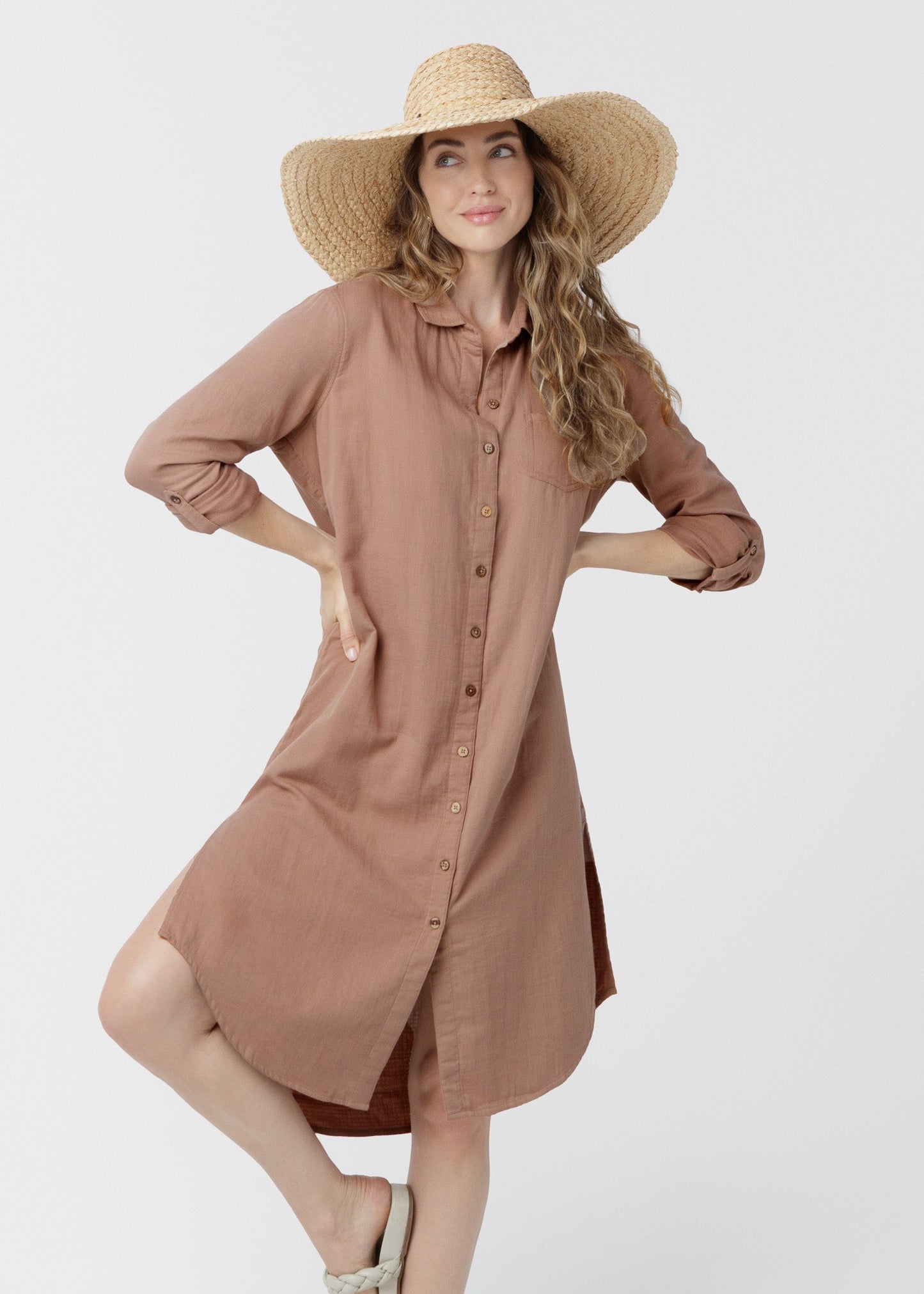 Sand Gauze Button Down Shirt Dress
